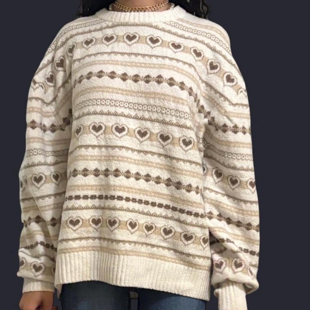 Hollister Cream and Brown Heart Pattern Sweater
